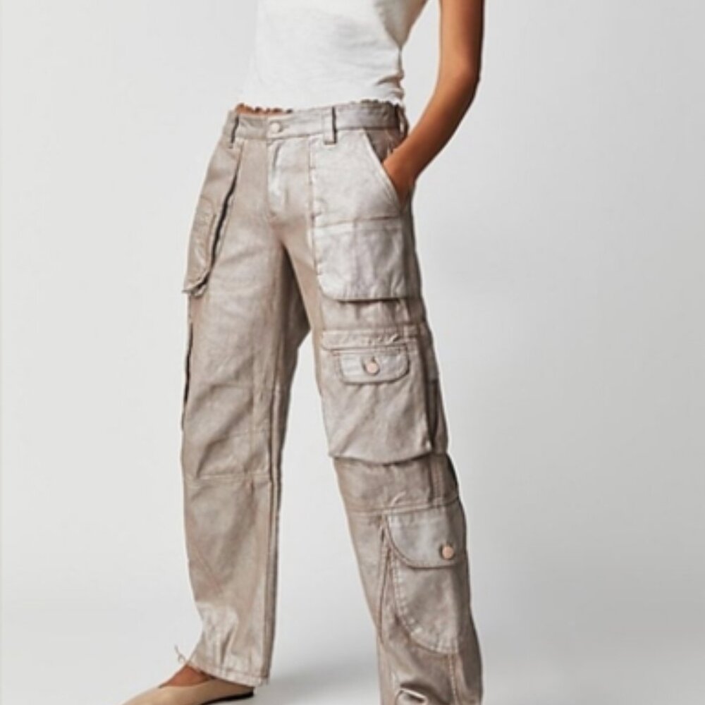 Free People Barrel Metallic Cargo Jeans